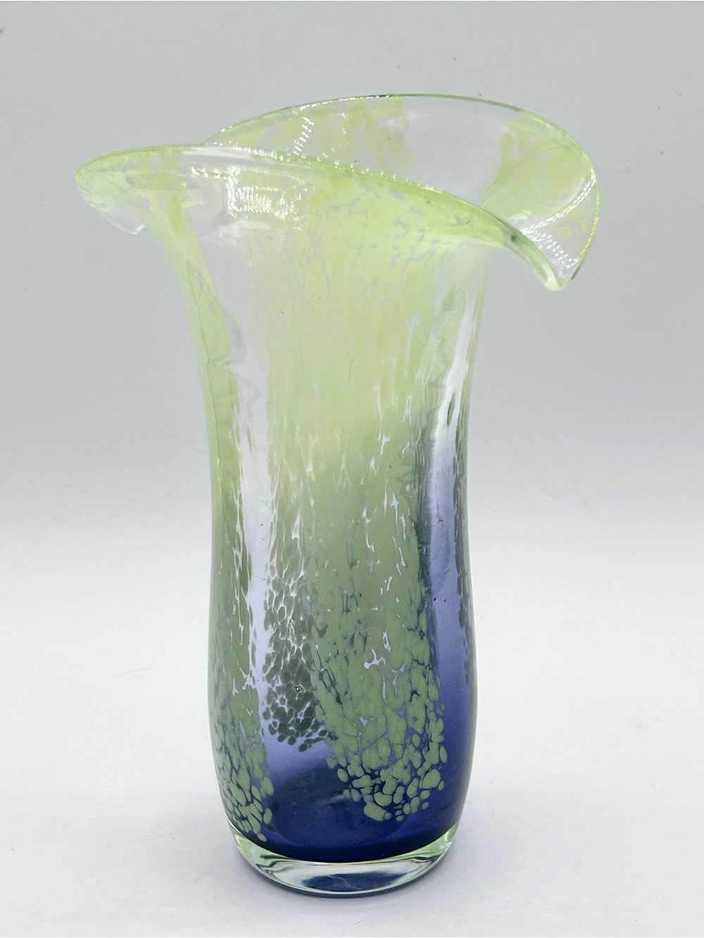 Vintage Teleflora Lime Green Blue Art Glass Vase Speckled Flared Lip Hand Blown